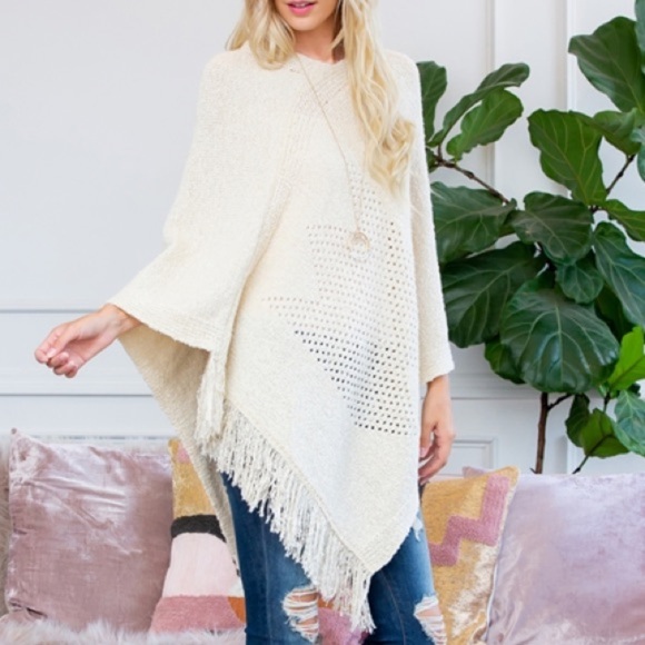 BEIGE SOFT FRAYED KNIT SWEATER FRINGE PONCHO - Picture 1 of 4